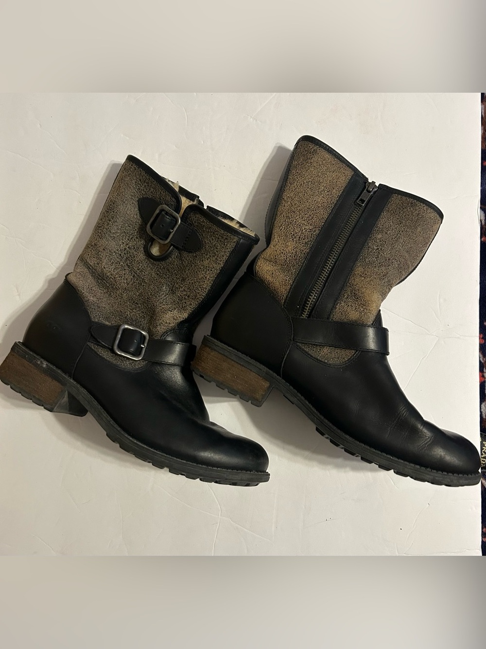 UGG Black Leather & Taupe Suede Mid-Calf Buckle Boots